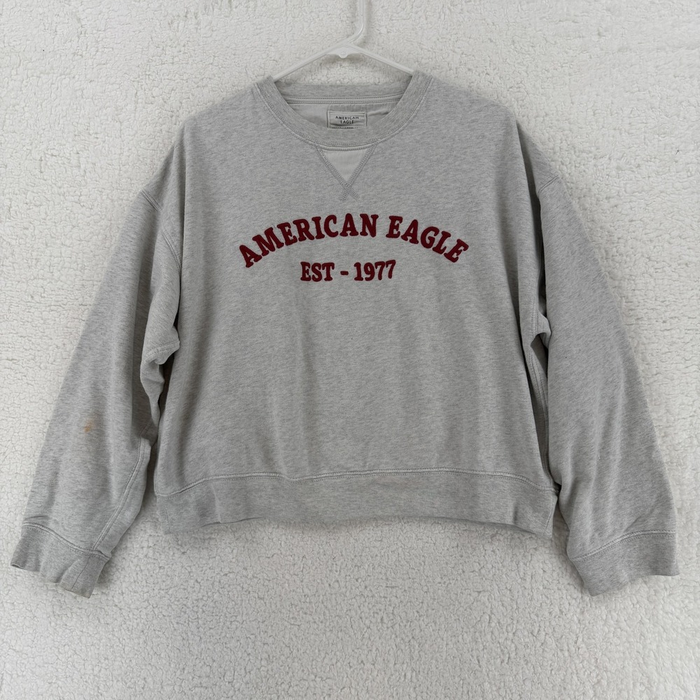 American Eagle Sweatshirt‎ Womens Medium Cropped Gray EST 1977 Boxy Pullover